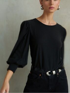 Nation Loren Black Puff-Sleeve Crewneck Top